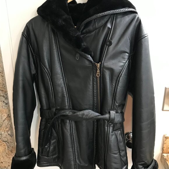 Wilsons Black Fur-lined Leather jacket with hood, M - Picture 2 of 8